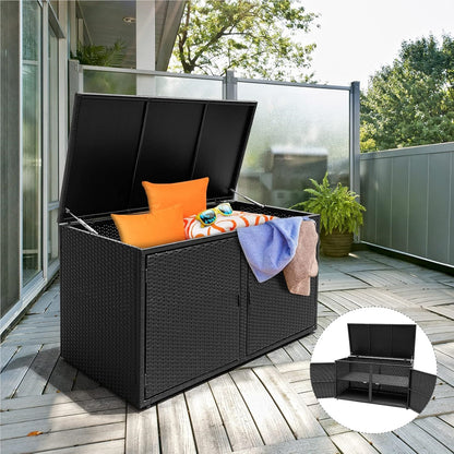 Rattan Opbergbox – Tuinkist – Opbergkist – Buitenbox – Tuinbank Met Deksel – 333L Inhoud – Weerbestendig PE Rattan – Dubbele Deuren & Binnenplanken – Mat Zwart – 115x60x65 cm