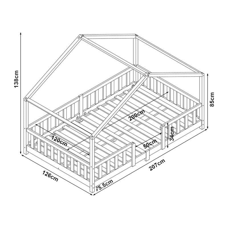 Kinderbed – Kinderbedden – Eenpersoonsbed – Hoogslaper – Stapelbed – Huisvormig Design – Valbeveiliging – Grenenhout – 140x200 cm