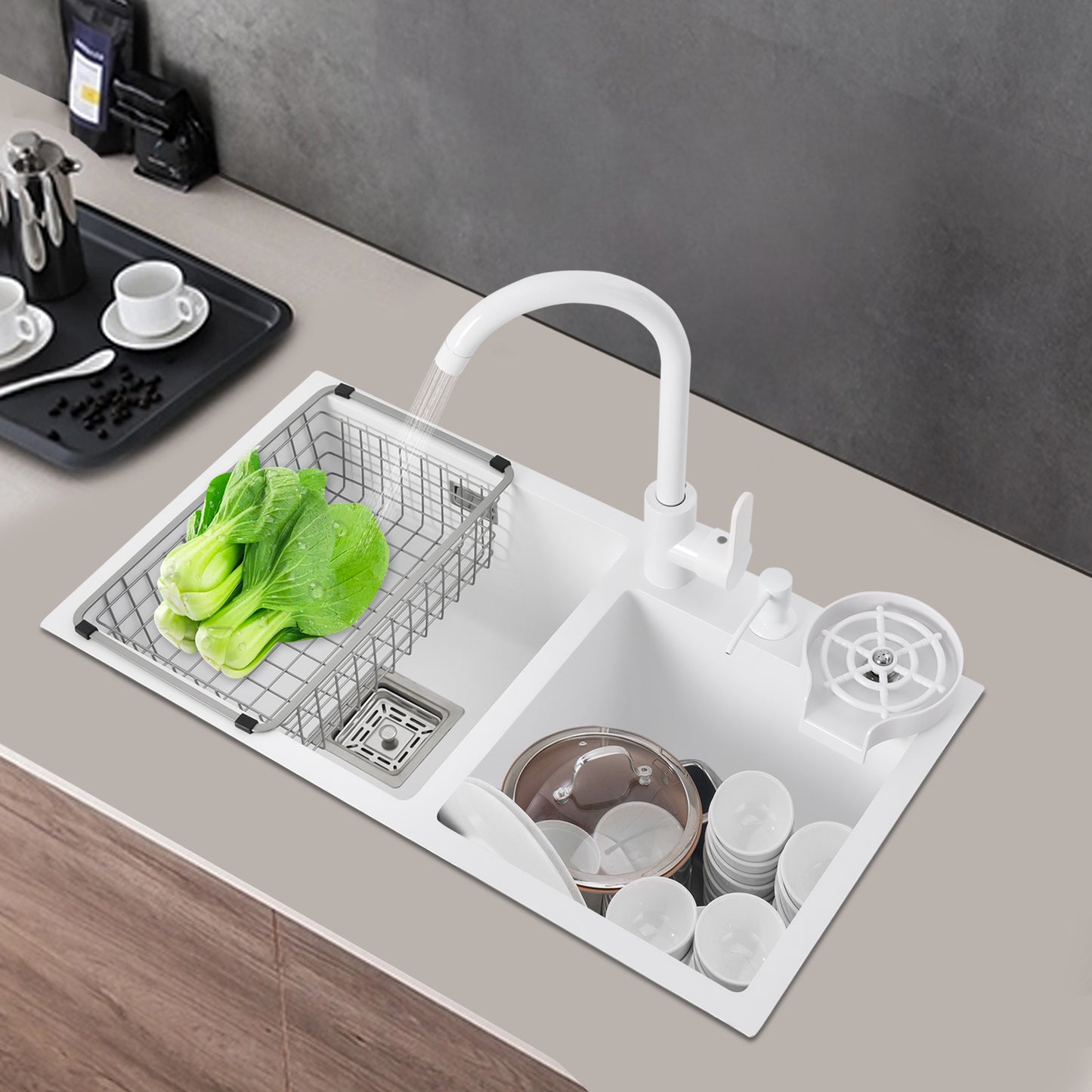 TOOL1SHOOO Large Double Basin Kitchen Sink 304 Stainless Steel with Faucet Double Basin Set Drain Basket Hand Soap Dispenser Top And Bottom Mount Modern White Sink with High Overflow Hole