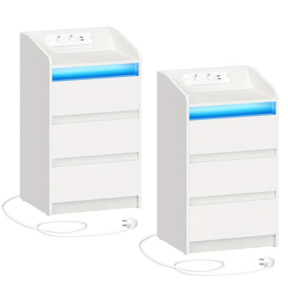 Nachtkastjes – Bedside Table – Nachtkastje Set – Opbergkastje – Bijzettafel – Met Oplaadstation en LED-verlichting – 2 AC Stopcontacten & 2 USB-poorten – Wit – 3 Lades – 35x40x68 cm