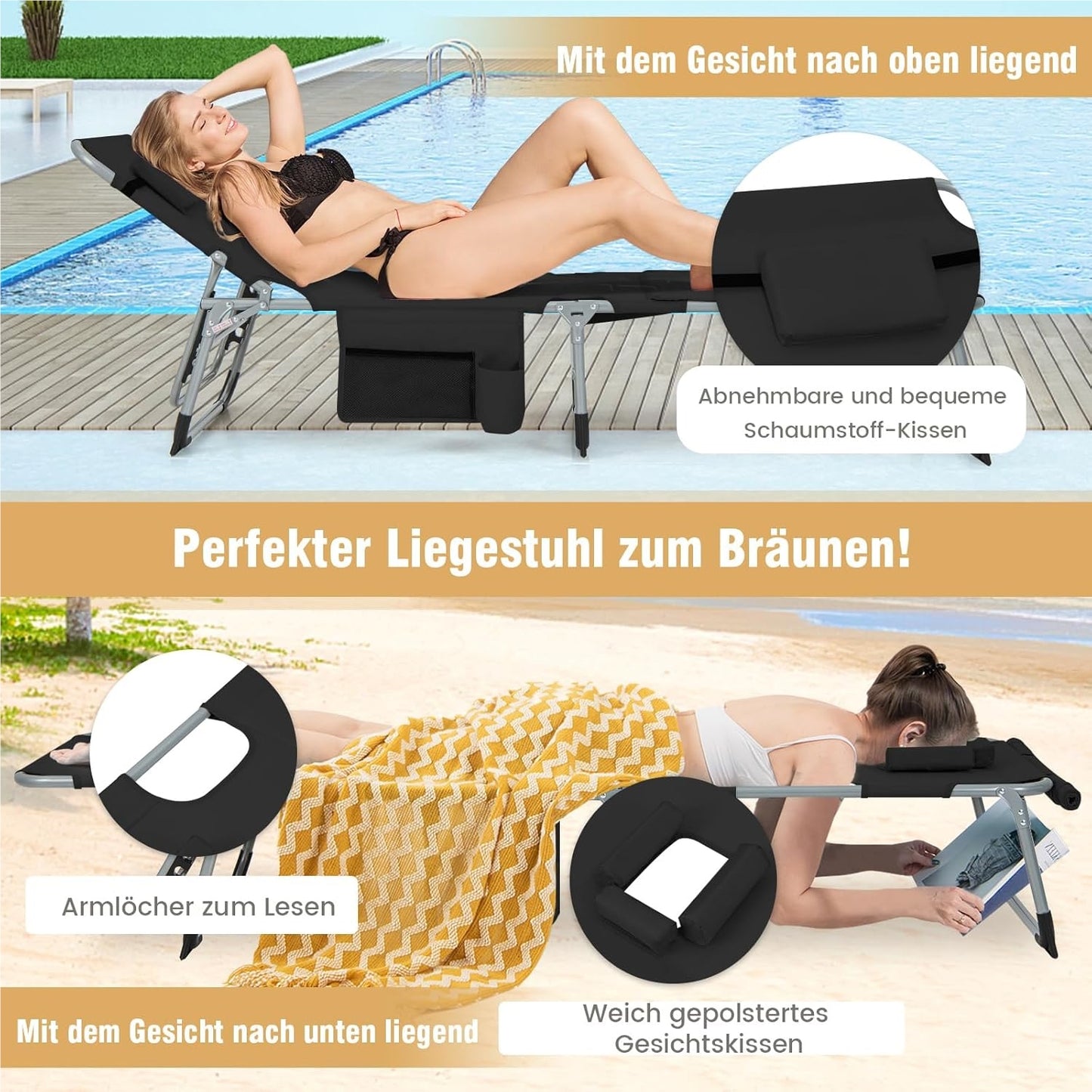 Zonnebed – Ligstoel – Tuinbed – Strandstoel – Relaxstoel – Verstelbare Rugleuning en Voetsteun – Afneembare Kussen en Zwart Design