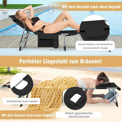 Zonnebed – Ligstoel – Tuinbed – Strandstoel – Relaxstoel – Verstelbare Rugleuning en Voetsteun – Afneembare Kussen en Zwart Design