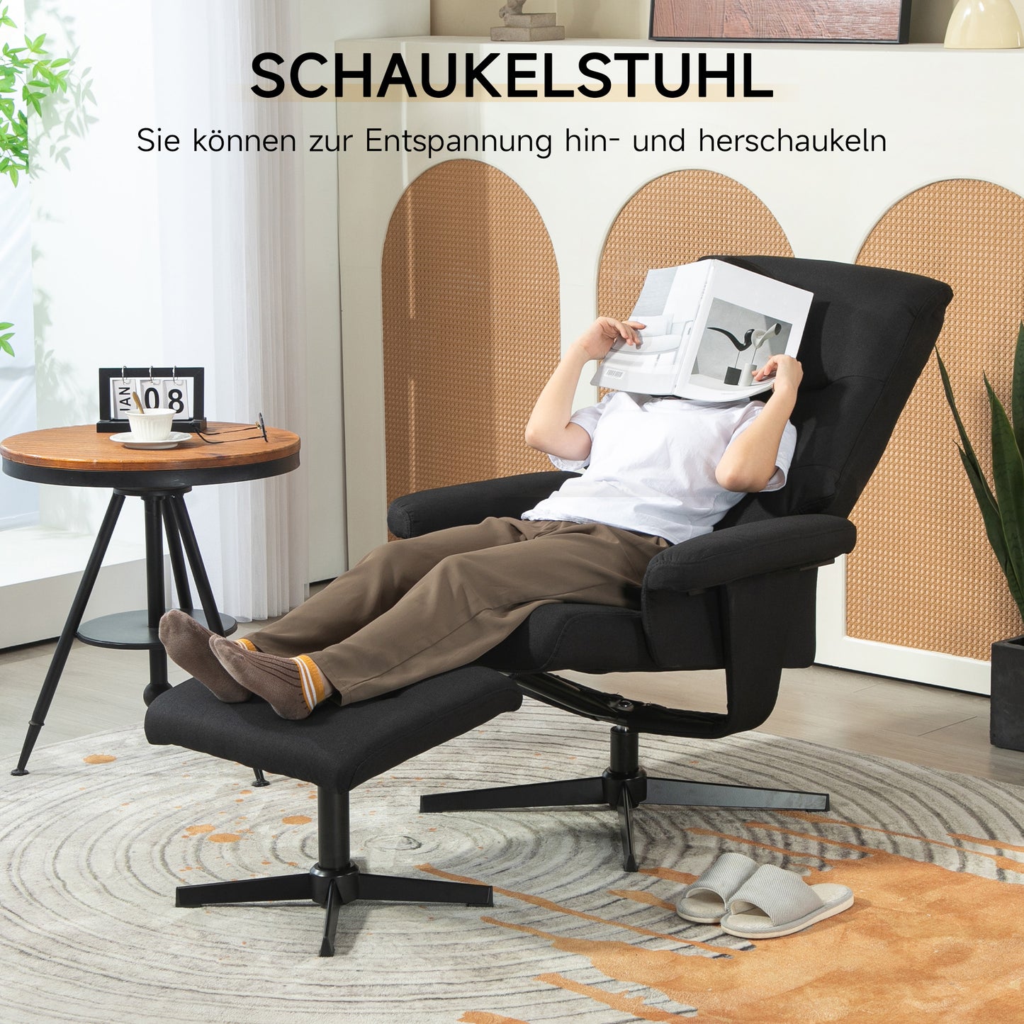 Draaifauteuil – Relaxstoel – Schommelstoel – Fauteuil Met Voetenbank – Lounge Chair Zwart – Fluwelen Bekleding – Schommelfunctie – Draaibaar – Max 150 kg