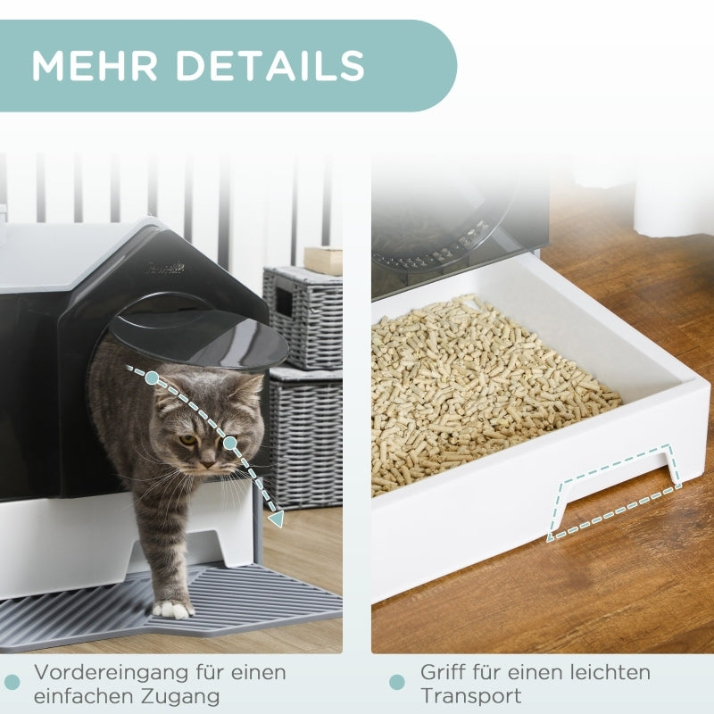 kattenbak automatisch – zelfreinigende kattenbak – elektrische kattenbak – slimme kattentoilet – automatische kattenbak met app – geurfilter ventilatiesysteem – duurzaam kunststof – modern grijs design