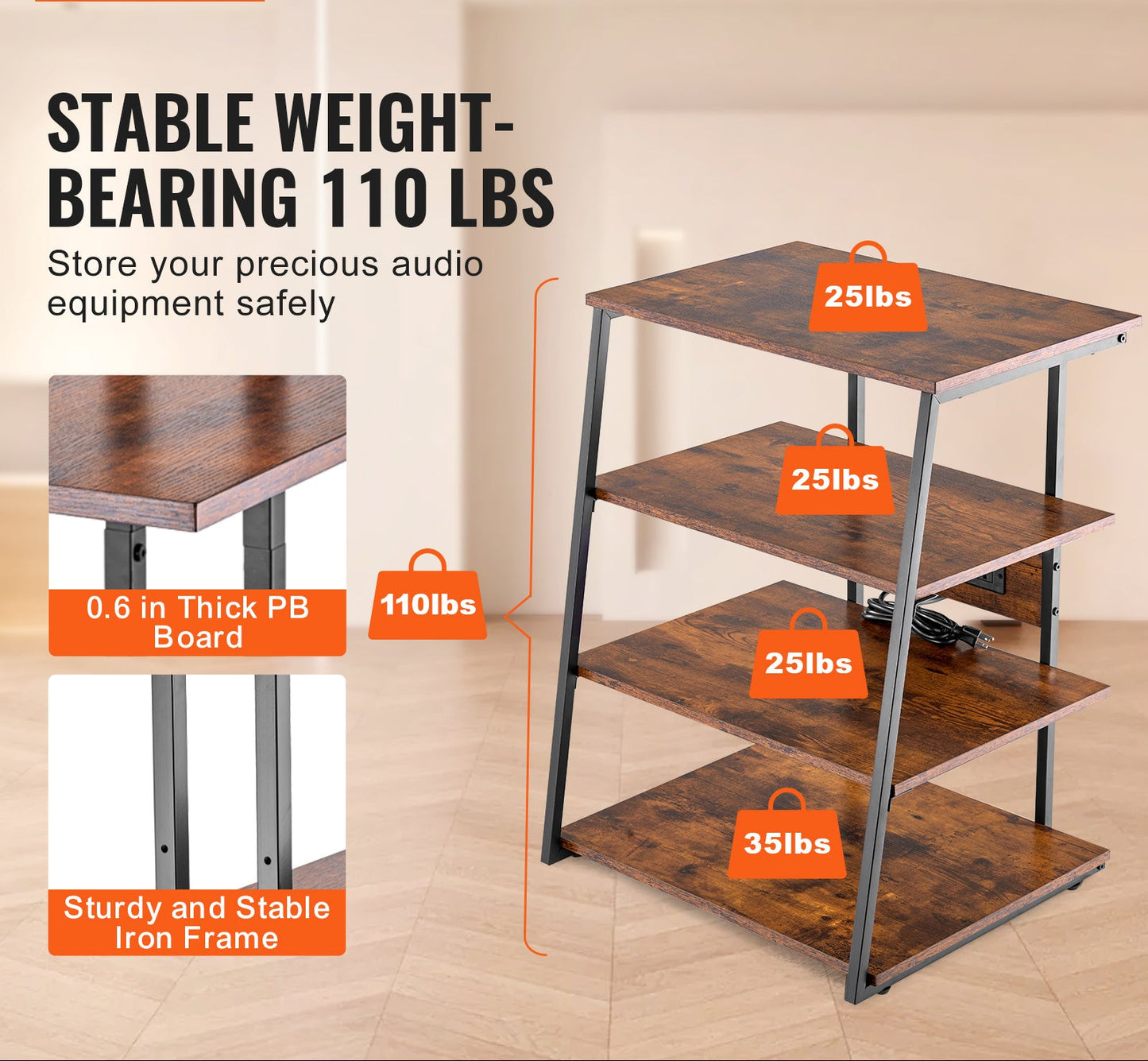 AV Media Stand – Audio Video Meubel – Tv Kast – Entertainment Rack – Multimedia Meubel – 4-Lagen Design – LED Verlichting & Ingebouwde Stopcontacten