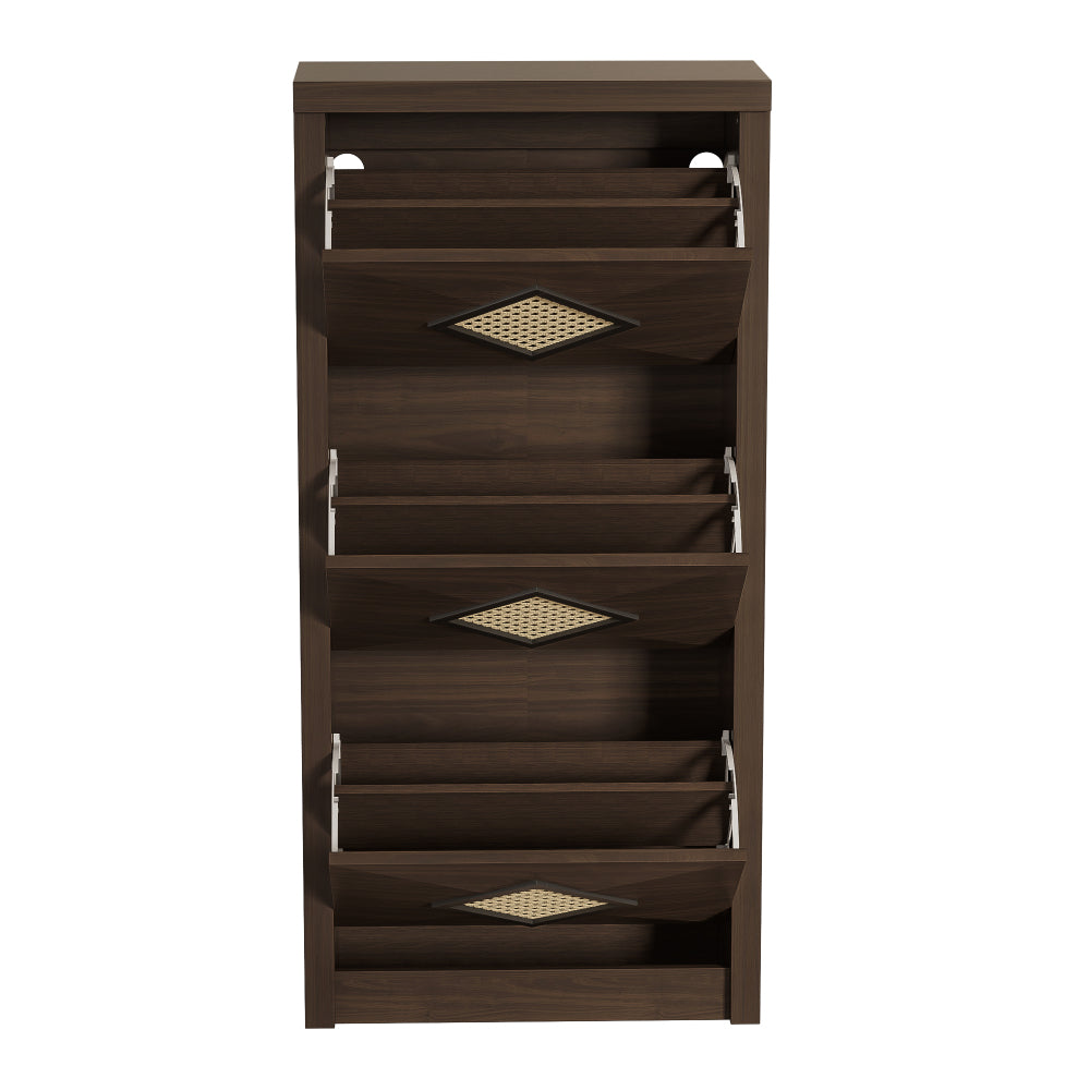 Modern Country Space-Saving Vintage Shoe Cabinet with Rattan Trim & 3-Tier Pull-Down Shelves - Dark Brown Wood Grain Vertical Entryway Furniture Suitable for Hallway, Small Spaces, Apartments - Easy Access Shoe Rack