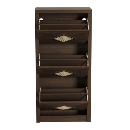 Modern Country Space-Saving Vintage Shoe Cabinet with Rattan Trim & 3-Tier Pull-Down Shelves - Dark Brown Wood Grain Vertical Entryway Furniture Suitable for Hallway, Small Spaces, Apartments - Easy Access Shoe Rack