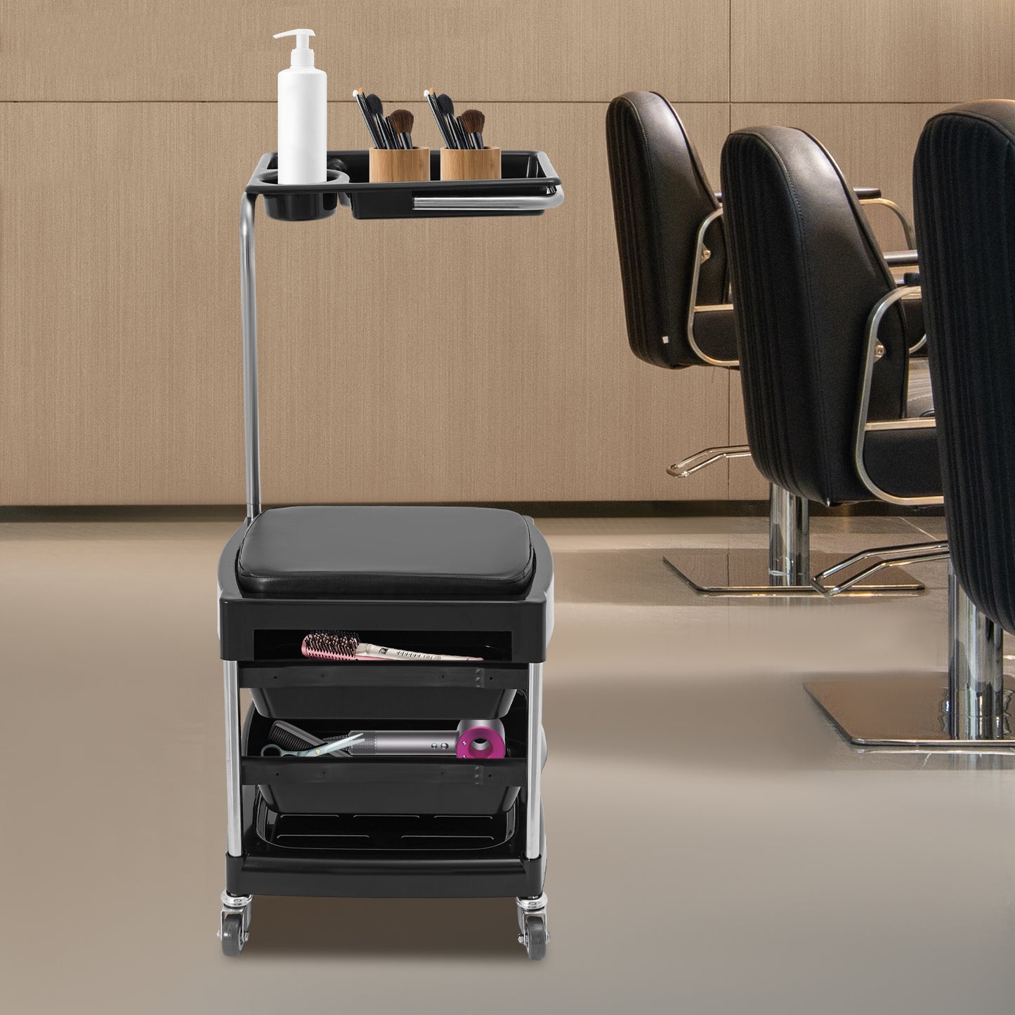 Opbergtrolley – Opbergwagen – Trolley – Beautywagen – Salonwagen – Mobiel Met 3 Uitklapbare Trays – Zwart ABS Met PU Bekleding – 150 Kg Draagkracht – Vergrendelbare Zwenkwielen