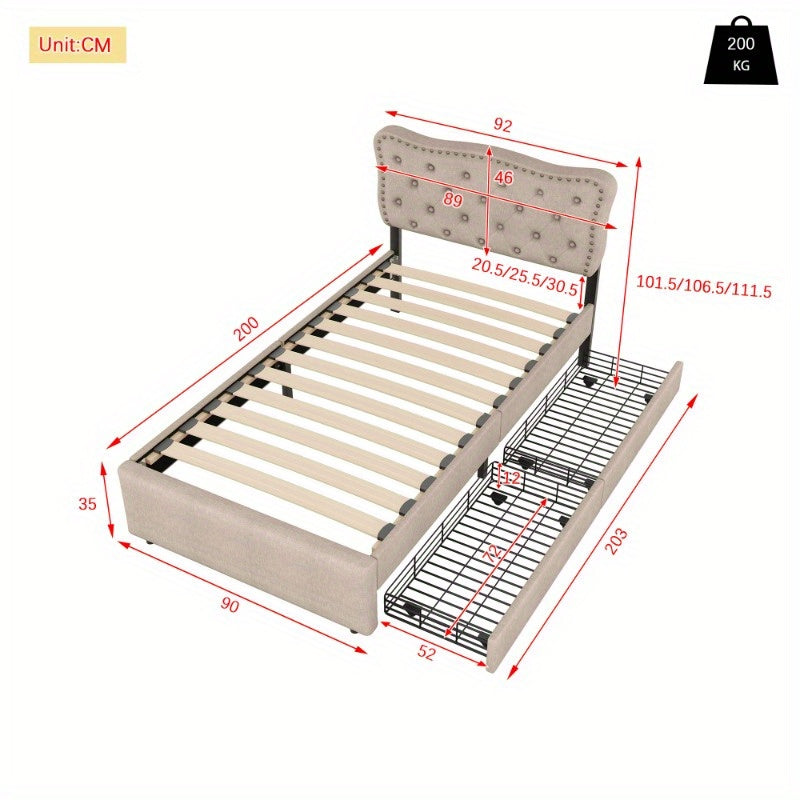 Gestoffeerd Bed – Boxspringbed – Slaapbank – Bedframe – Ledikant – 90x200 cm – Padded Hoofdbord Met Decoratieve Spijkers – Moderne Opberglades Donker Beige