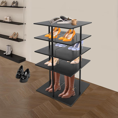 Draaibaar Schoenenrek – Schoenenkast Toren – Schoenendisplay – Schoenopberger – Schoenenrek 4-Lagen – 360° Draaibaar Design – Stevig Metaal Zwart