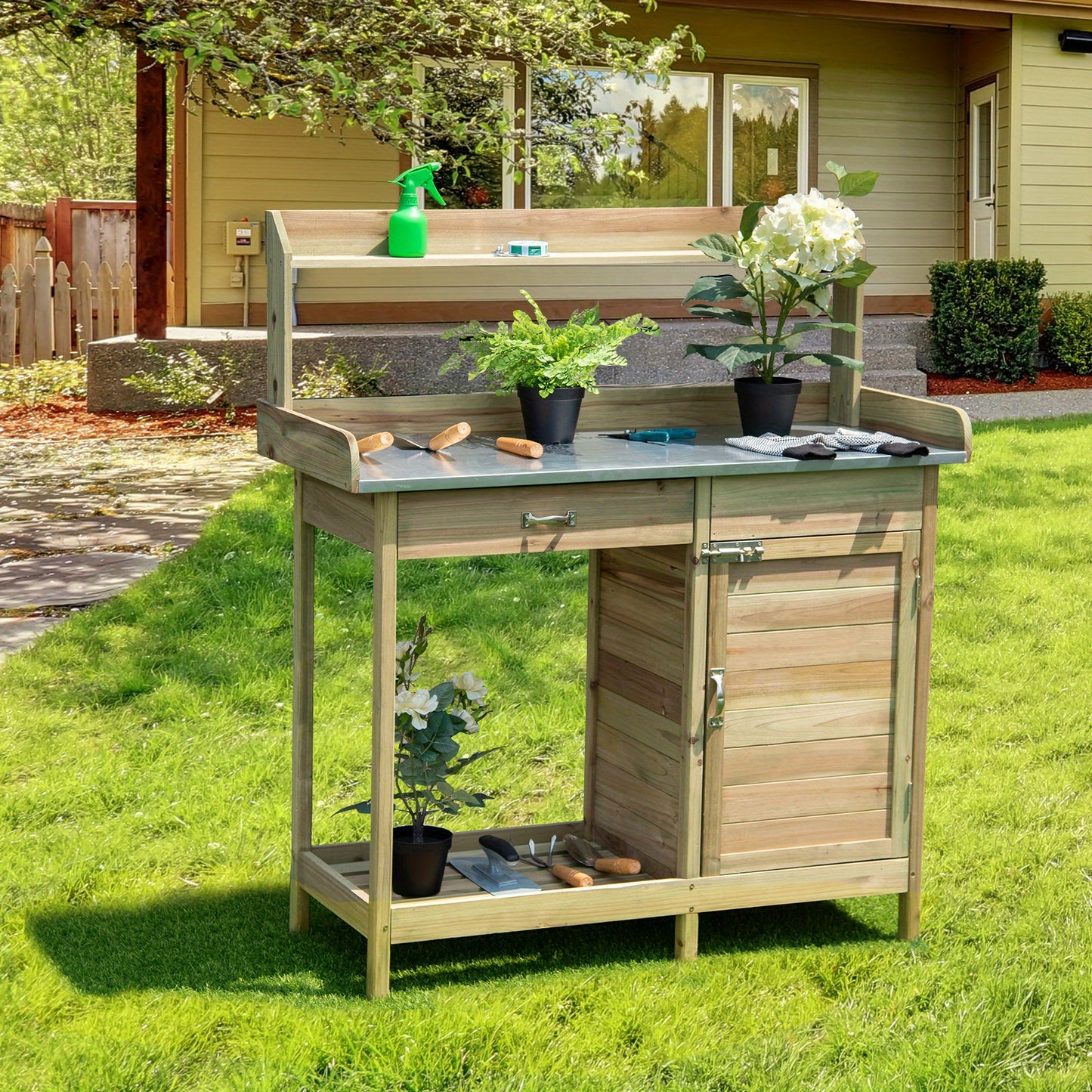 Tuinwerkbank – Oppottafel – Plantentafel – Werktafel – Tuinwerktafel – Vurenhout Met Gegalvaniseerd Metalen Werkblad – Waterbestendig En Met Opberglades