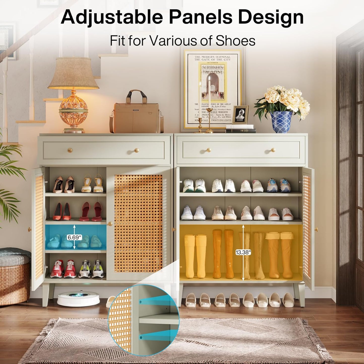 Schoenenkast – Schoenmeubel – Schoenenrek – Schoenopberger – Schoenenschuif – Verstelbare Planken – Duurzaam MDF – Wit Mintgroen – Extra Lade – Vloerbescherming