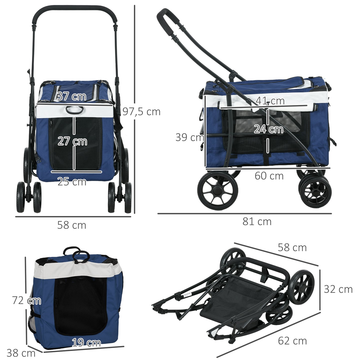 Dierenwagen – Hondenwagen – Huisdierenbuggy – Wandelwagen – Draagtas – Inklapbaar – Verstelbare Schouderband – Veiligheidsharnas – Geschikt voor Honden tot 10 kg – Stevige EVA-Wielen – Blauw