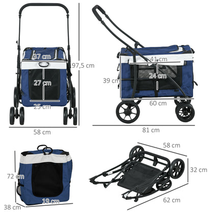 Dierenwagen – Hondenwagen – Huisdierenbuggy – Wandelwagen – Draagtas – Inklapbaar – Verstelbare Schouderband – Veiligheidsharnas – Geschikt voor Honden tot 10 kg – Stevige EVA-Wielen – Blauw