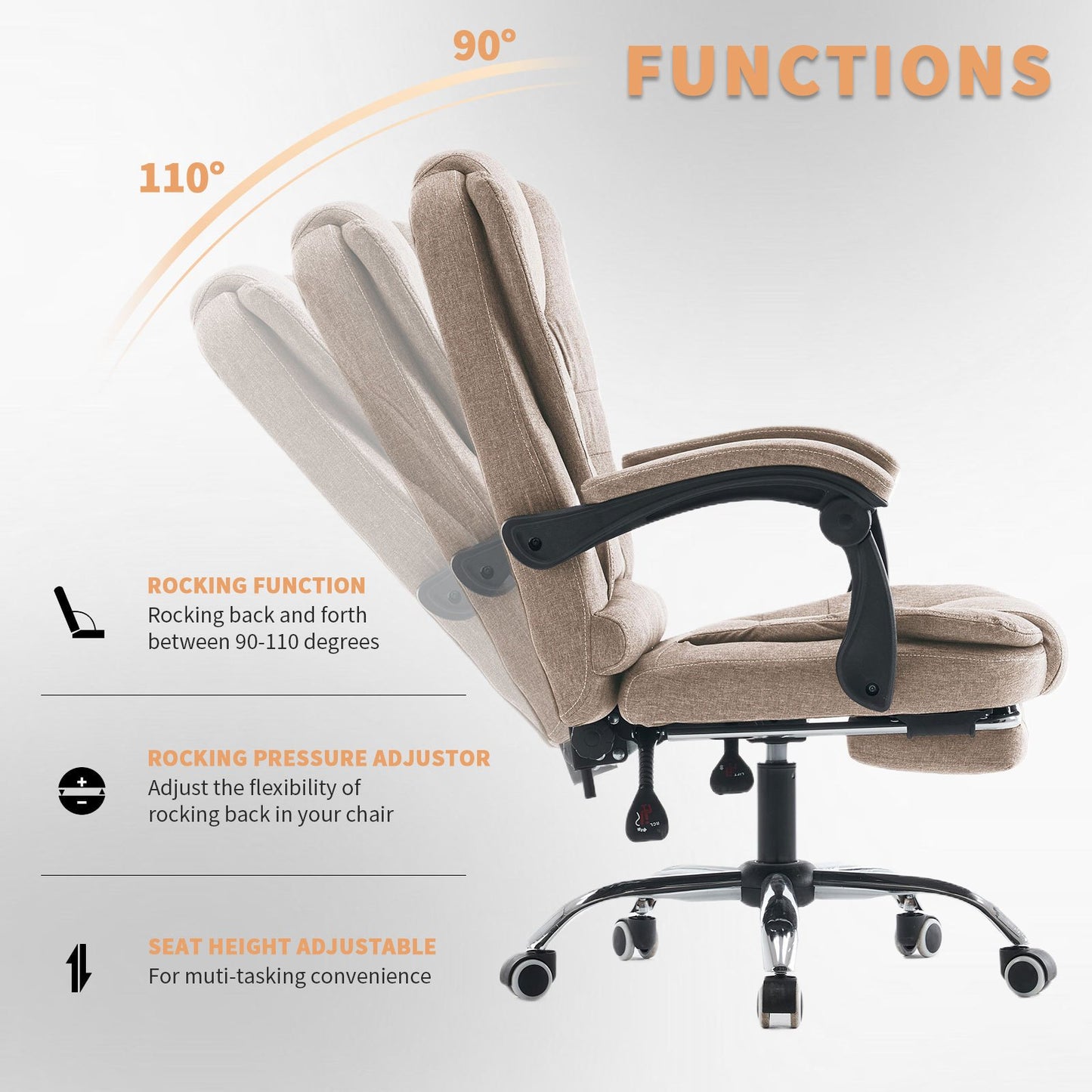 Bureaustoel – Bureau Stoel – Kantoorstoel – Werkstoel – Studiebureaustoel – Verstelbare Zithoogte – Memory Foam Rugkussen – Beige