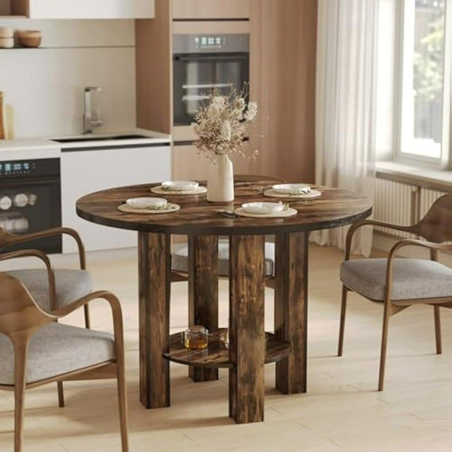 Eettafel – Ronde Tafel – Keukentafel – Eetkamertafel – Tafel – Compact Ontwerp – Opbergruimte Onderblad – Krasbestendig – Stevige Houtlook – 100 cm – Bruin Rustiek