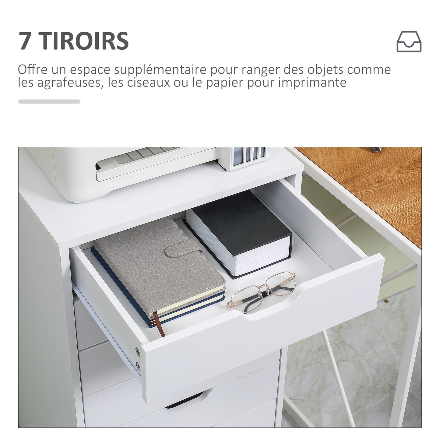 Mobiele Ladeblok – Kantoor Ladekast – Bureau Organizer – Opbergkast – Ladeblok Onder Bureau – 7 Laden – Witte Kleur – Verplaatsbaar Met Wieltjes – Anti-Kantel Veiligheid