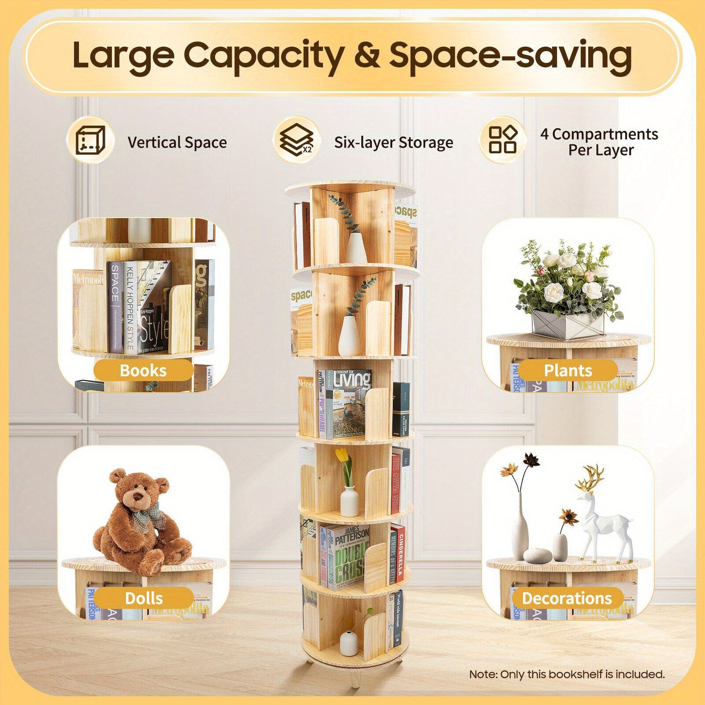 Boekenrek – Boekenkast – Wandrek – Boekenplank – Opbergkast – 6 Laags – 360° Draaibaar – Dennenhout