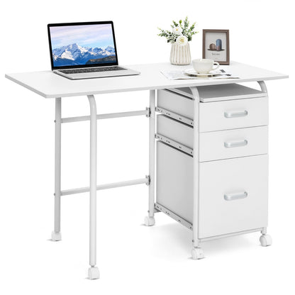 Bureau – Computertafel – Bureautafel – Schrijftafel – Werkplek – Inklapbaar – 3 Laden – Met Wieltjes – Compact – Wit – MDF Tafelblad – Metalen Frame – 105x50x75 cm