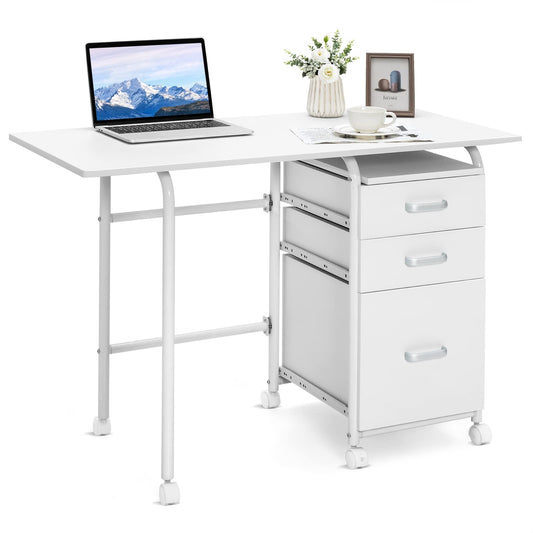 Bureau – Computertafel – Bureautafel – Schrijftafel – Werkplek – Inklapbaar – 3 Laden – Met Wieltjes – Compact – Wit – MDF Tafelblad – Metalen Frame – 105x50x75 cm