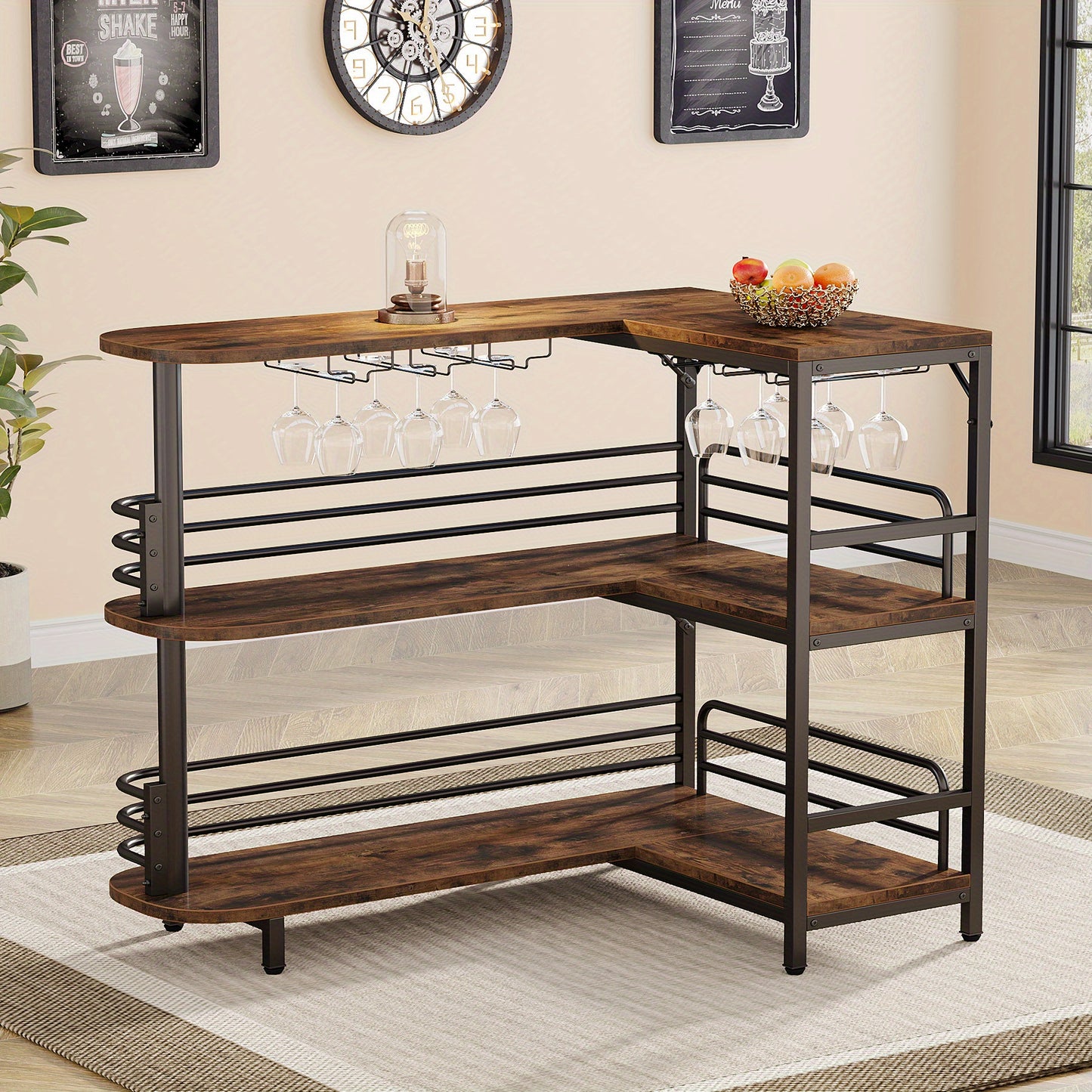 Barkast – Wijnkast – Drankkast – Barmeubel – Opbergkast – L-vormig Hoekontwerp – Ruim Werkblad 120x90 cm – Massief Hout Bruin