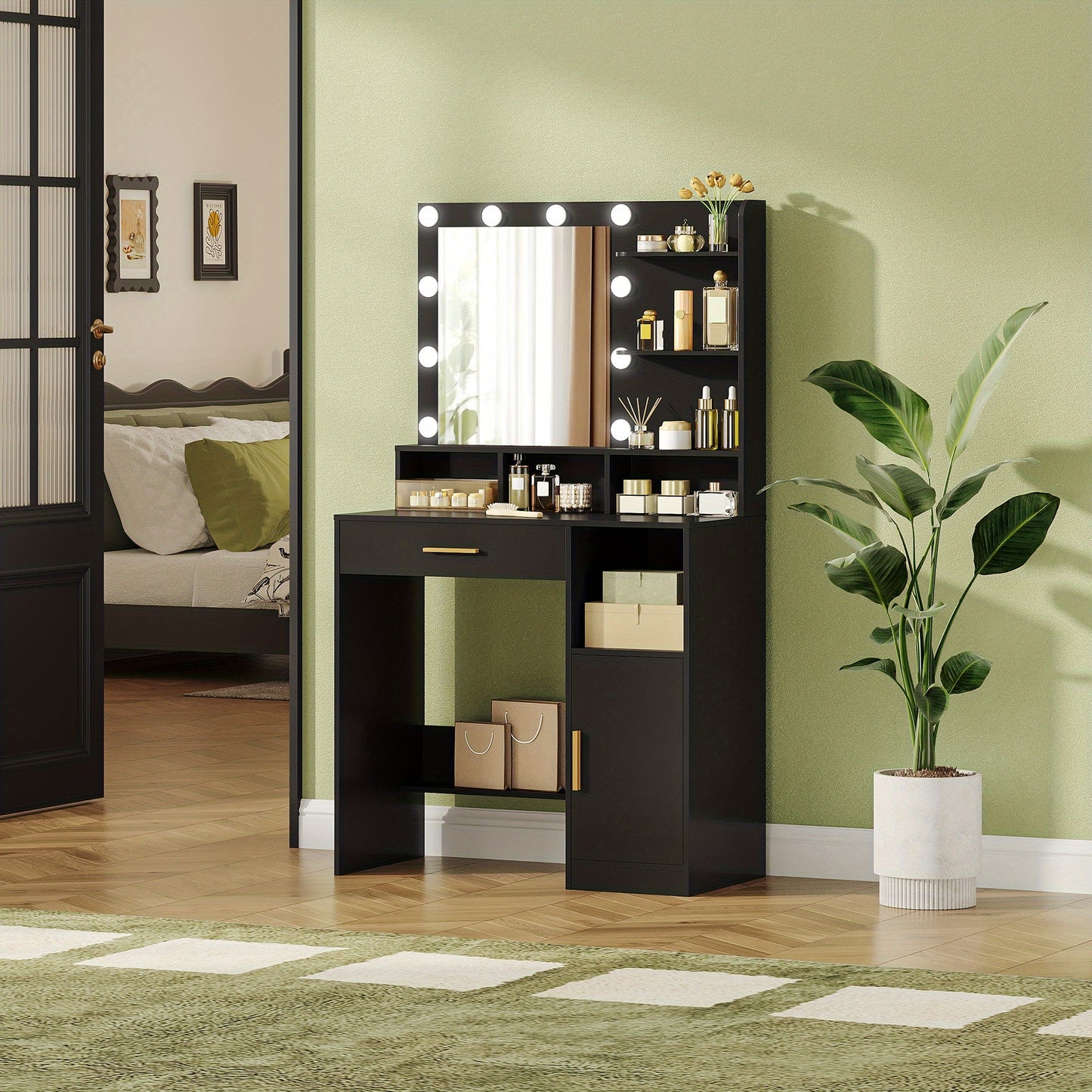 Kaptafel – Make-up tafel – Toiletmeubel – Schminktafel – Visagie tafel – Met 10 LED Lampen – 3 Verstelbare Lichtstanden – Zwart