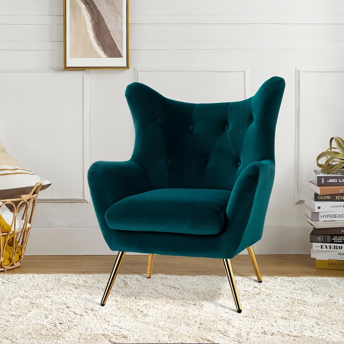 Fauteuil – Wing Chair – Lounge Stoel – Leunstoel – Leesstoel – Fluwelen Bekleding – Gouden Metalen Poten – Comfortable Lounge Chair – Geschikt Voor Woonkamer En Slaapkamer – Teal Kleur