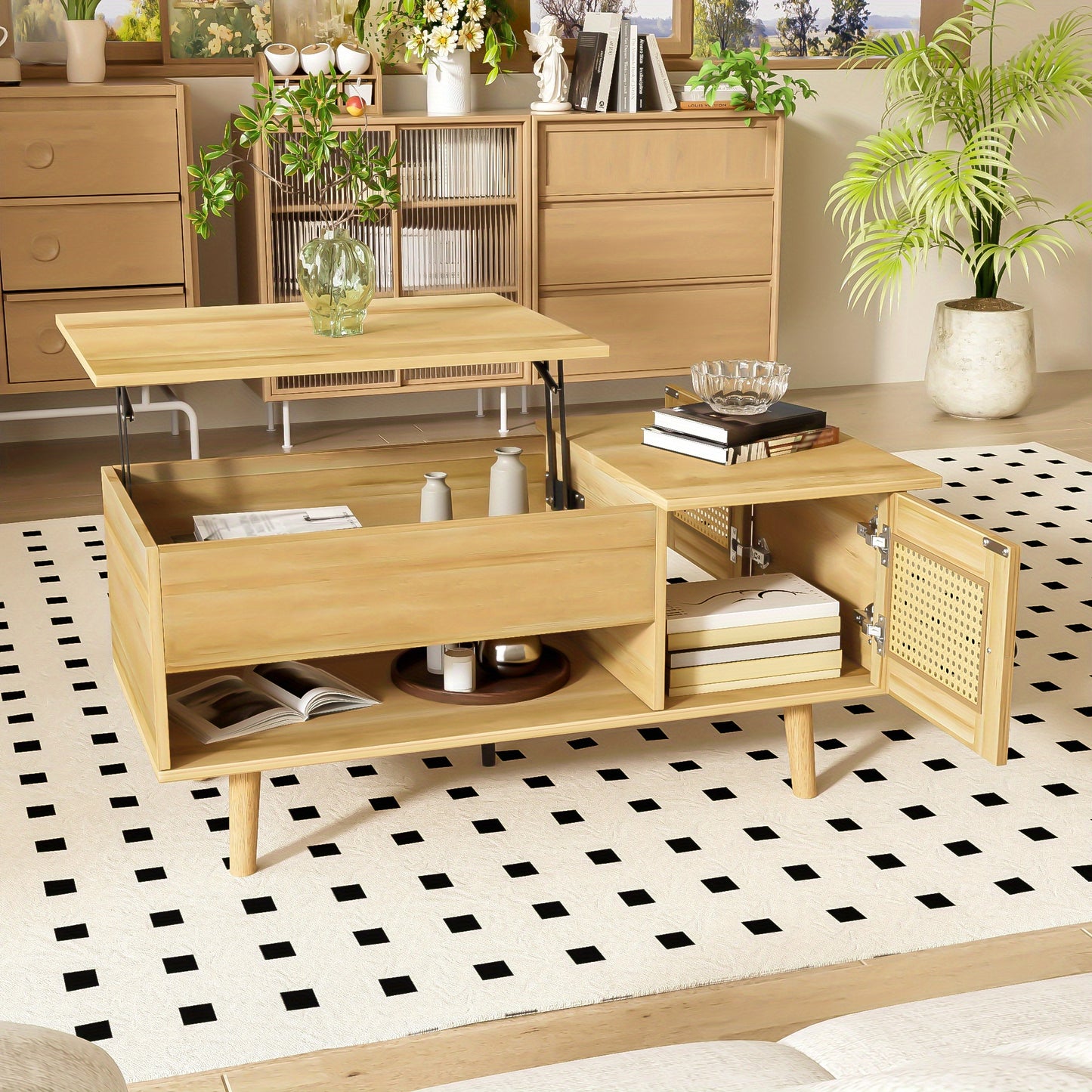 Modern Space-Saving Wooden Coffee Table with Adjustable Tabletop & Rattan Door Storage - Black Accent Legs, Engineered Wood & Hardwood Frame, Easy Assembly Living Room Furniture, Coffee Table for Living Room