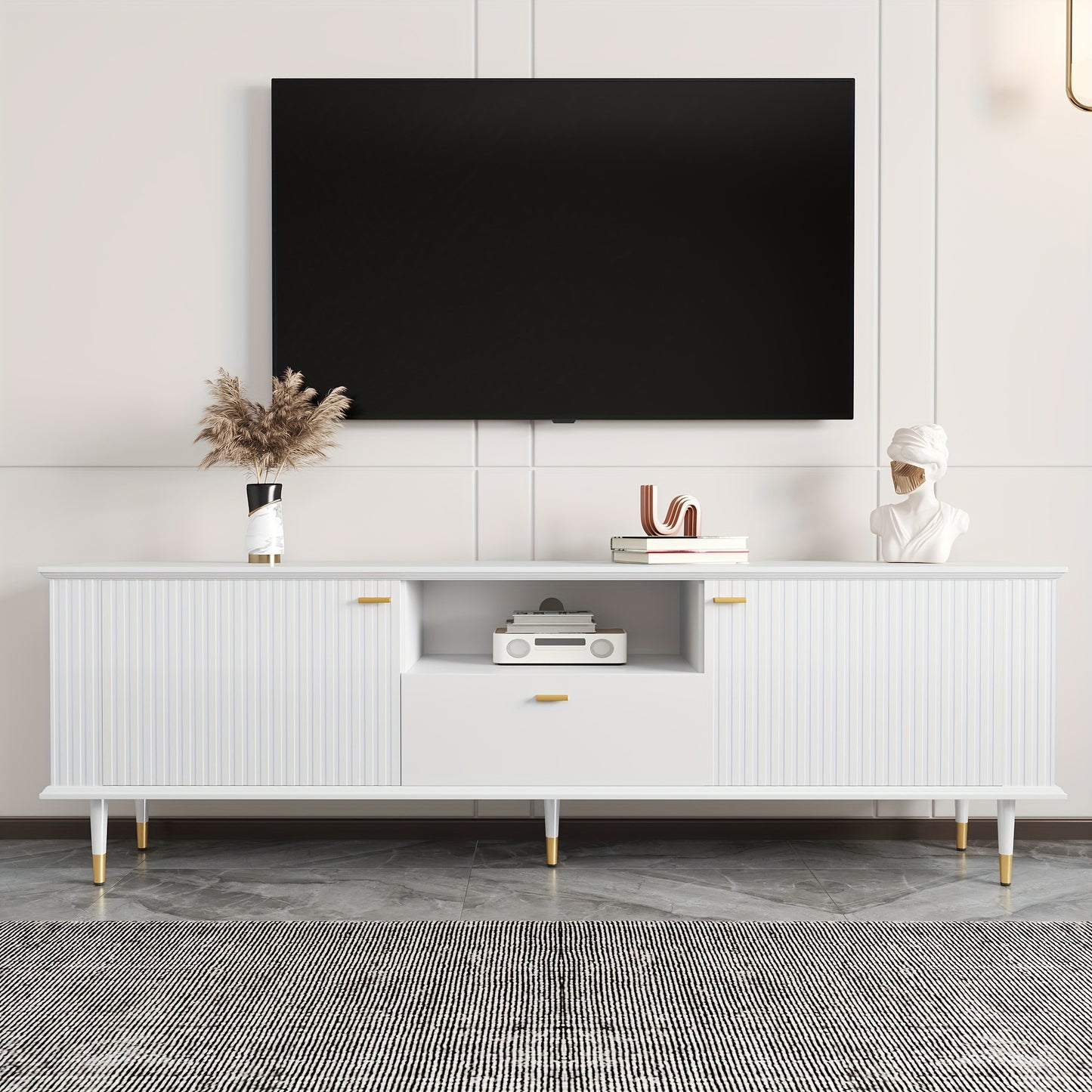 Modern White & Golden Metal TV Stand with Open Shelves & Drawers - Heavy-Duty Lacquered Textured Cabinet, Cushioned Hinges, Minimalist Media Console for Flat-Screen TVs, Easy Assembly (No Wood)