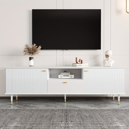 Modern White & Golden Metal TV Stand with Open Shelves & Drawers - Heavy-Duty Lacquered Textured Cabinet, Cushioned Hinges, Minimalist Media Console for Flat-Screen TVs, Easy Assembly (No Wood)
