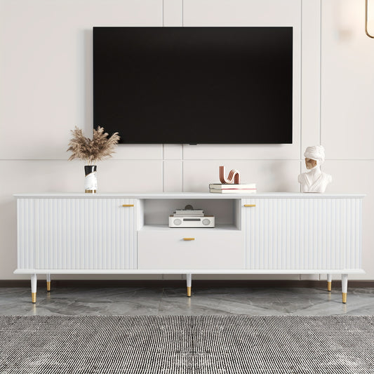 Modern White & Golden Metal TV Stand with Open Shelves & Drawers - Heavy-Duty Lacquered Textured Cabinet, Cushioned Hinges, Minimalist Media Console for Flat-Screen TVs, Easy Assembly (No Wood)