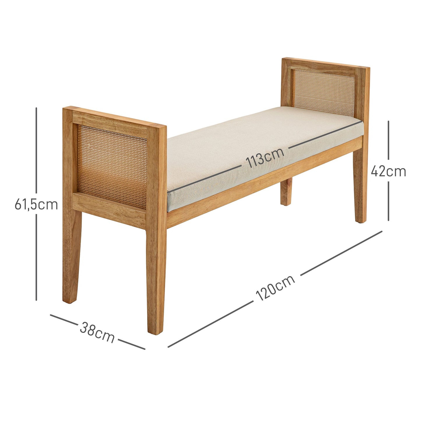 Woonkamerbank – Zitbank – Slaapbank – Bankje – Halbank – Rattan Armleuningen – Stevig Houten Frame – Comfortabele Linnen-look Bekleding – 120 cm Lang