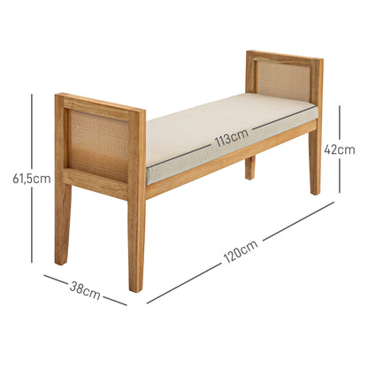 Woonkamerbank – Zitbank – Slaapbank – Bankje – Halbank – Rattan Armleuningen – Stevig Houten Frame – Comfortabele Linnen-look Bekleding – 120 cm Lang