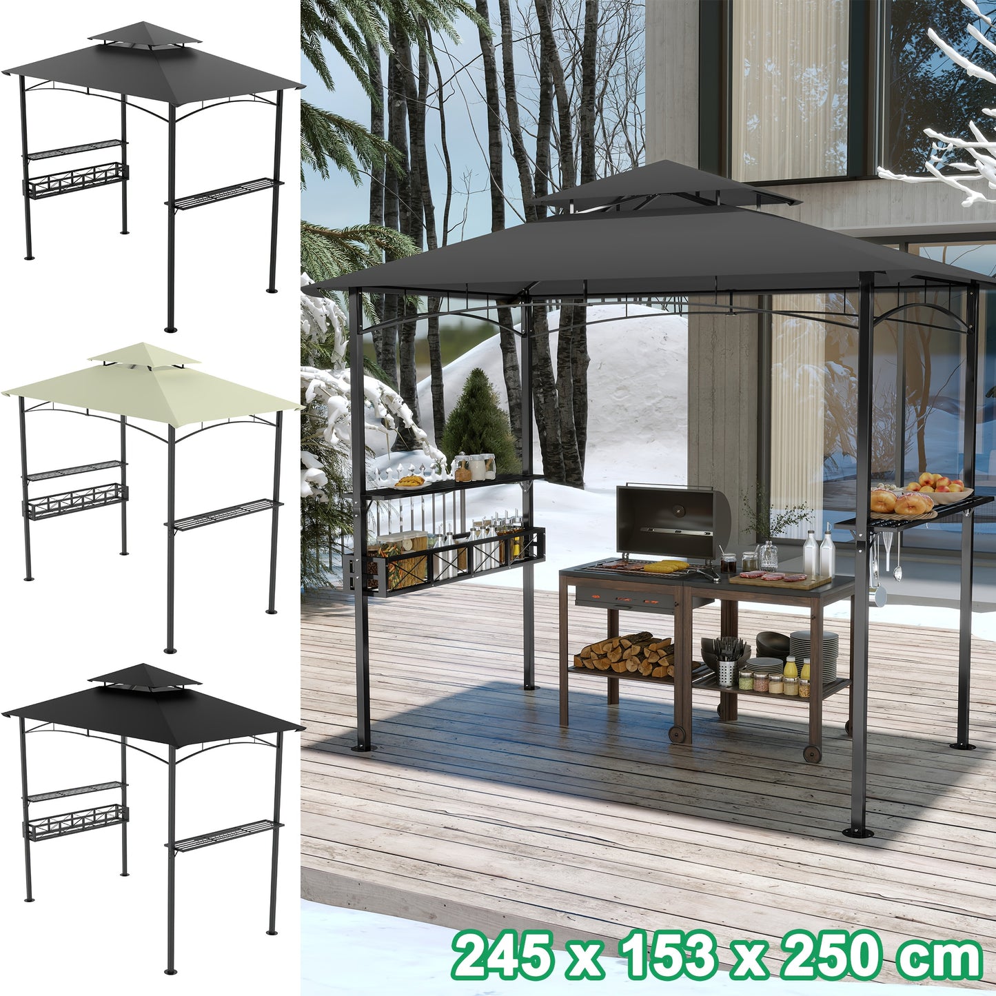 BBQ Overkapping – BBQ Paviljoen – Terrasoverkapping – Barbecue Tent – Tuinpaviljoen – Ruim Ontwerp – UV-bestendig Polyester – Stevig Metalen Frame – Zijplanken & Onderkast