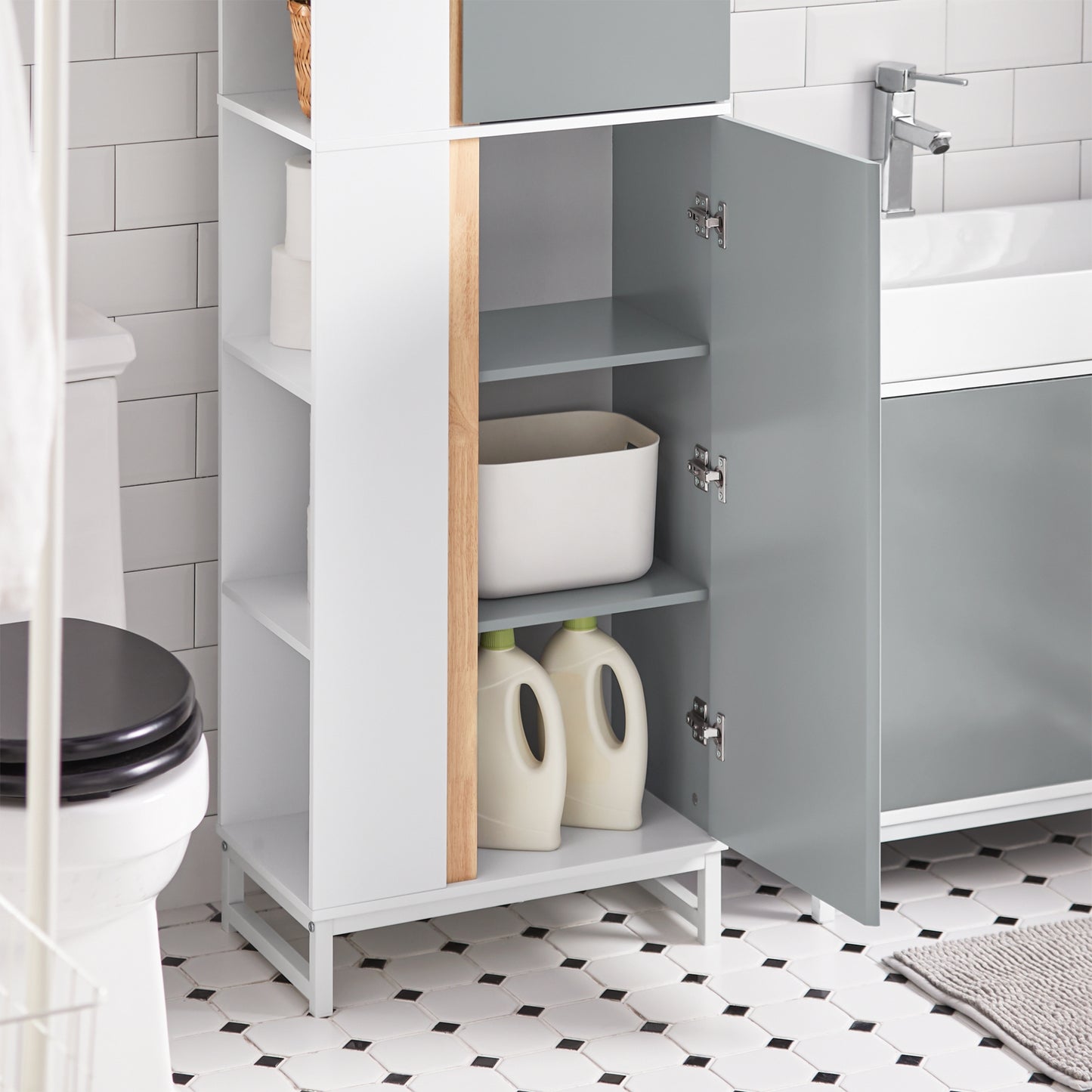 Hoge Kast Badkamer – Badkamerkast Opbergkast Kolomkast Smalle Kast – 50x30x181 Cm – Vochtbestendig MDF – Flexibele Deurmontage