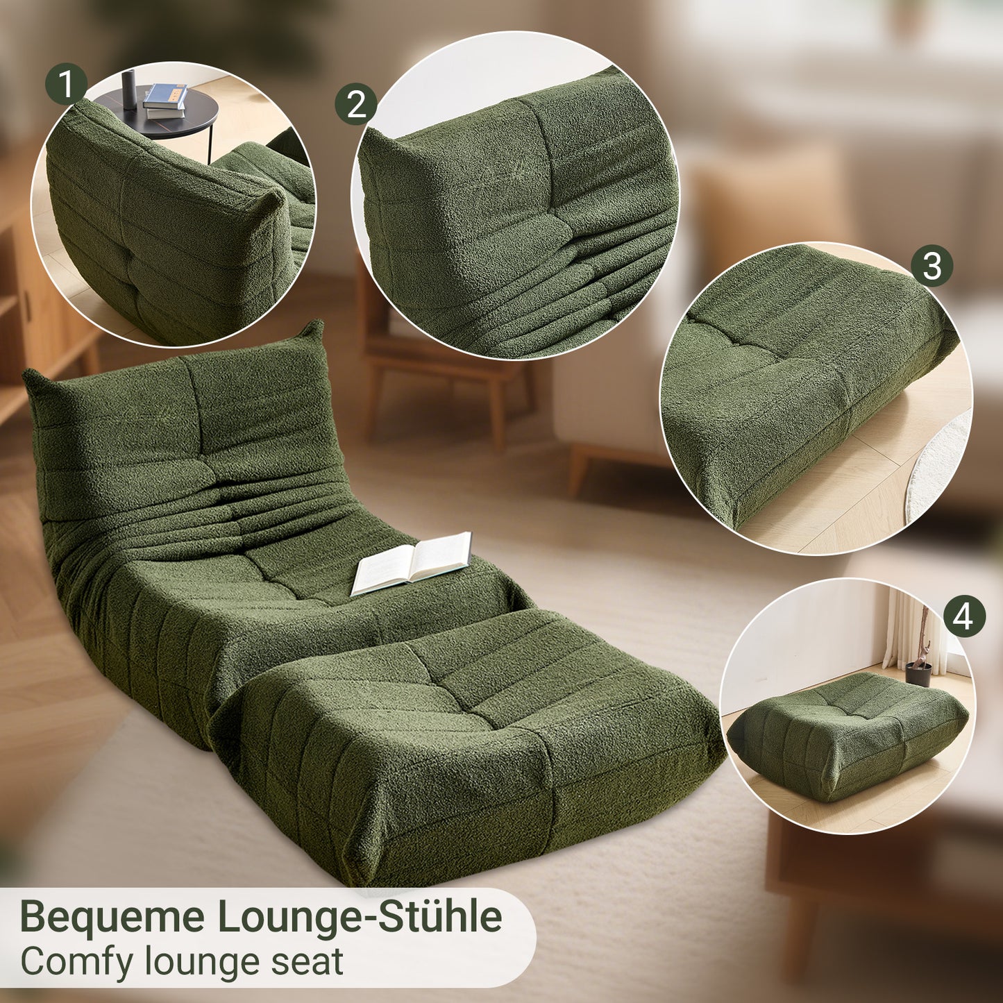 Relax Fauteuil – Lounge Stoel – Zitzak – Lazy Sofa – Armstoel – Afneembare Kussens – Extra Dikke Memory Foam Vulling – Groen Met Voetensteun