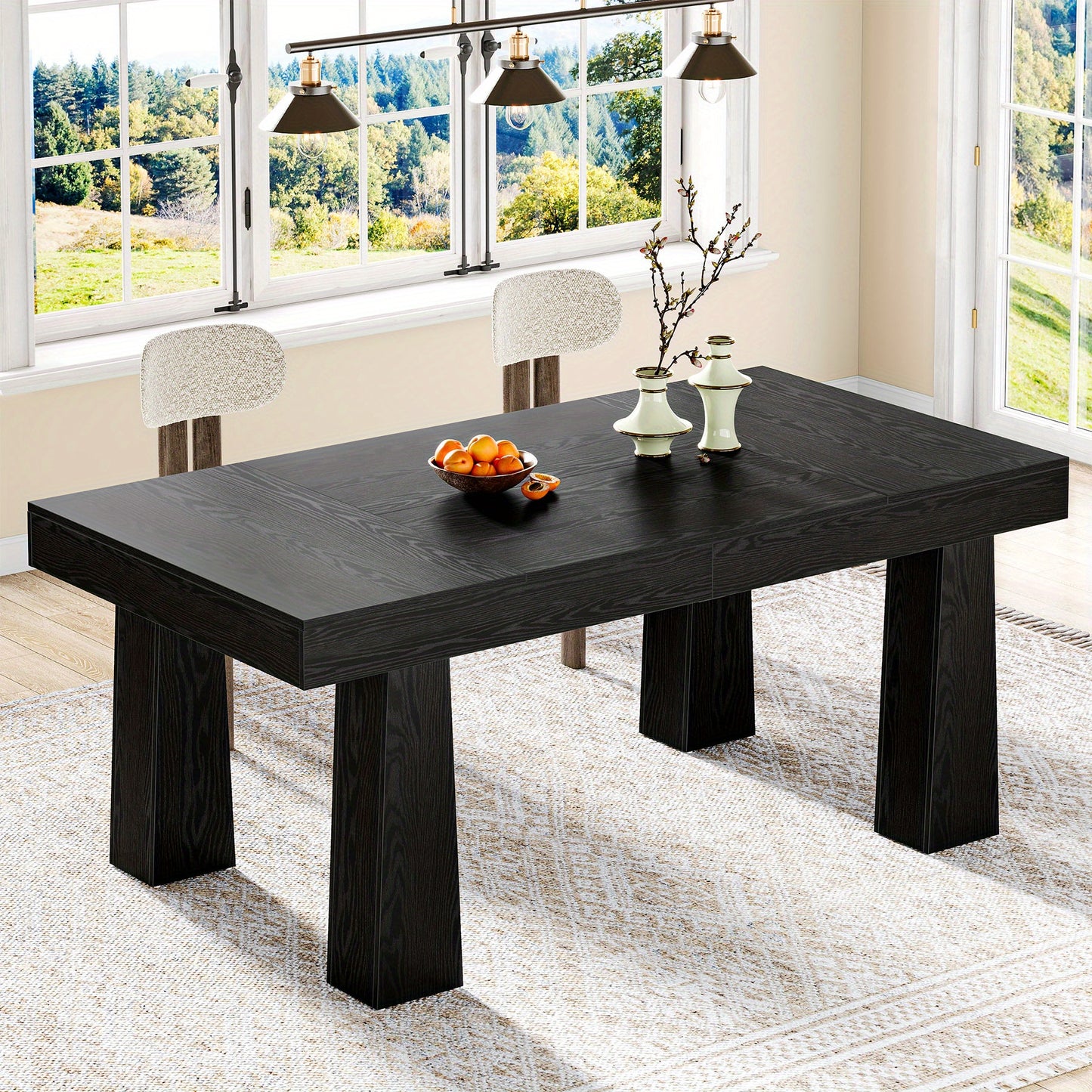 Modern Industrieel Eettafel – Keukentafel – Eettafel Rechthoekig – Tafel Met Poten – Grote Eettafel – 63 Inch – Stabiele Constructie Van Hout – Zwart Met Natuurlijke Houtnerf