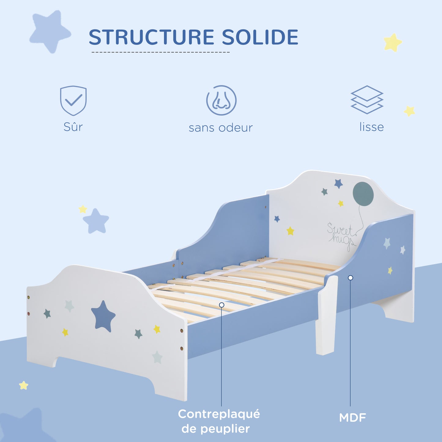 Kinderbed – Peuterbed – Vloerbed – Bed Voor Kinderen – Kinderbed Met Spijlenbodem – Laag Kindvriendelijk Bed – Sterrenprint Blauw Wit – 143x74 cm – Veilig En Duurzaam MDF