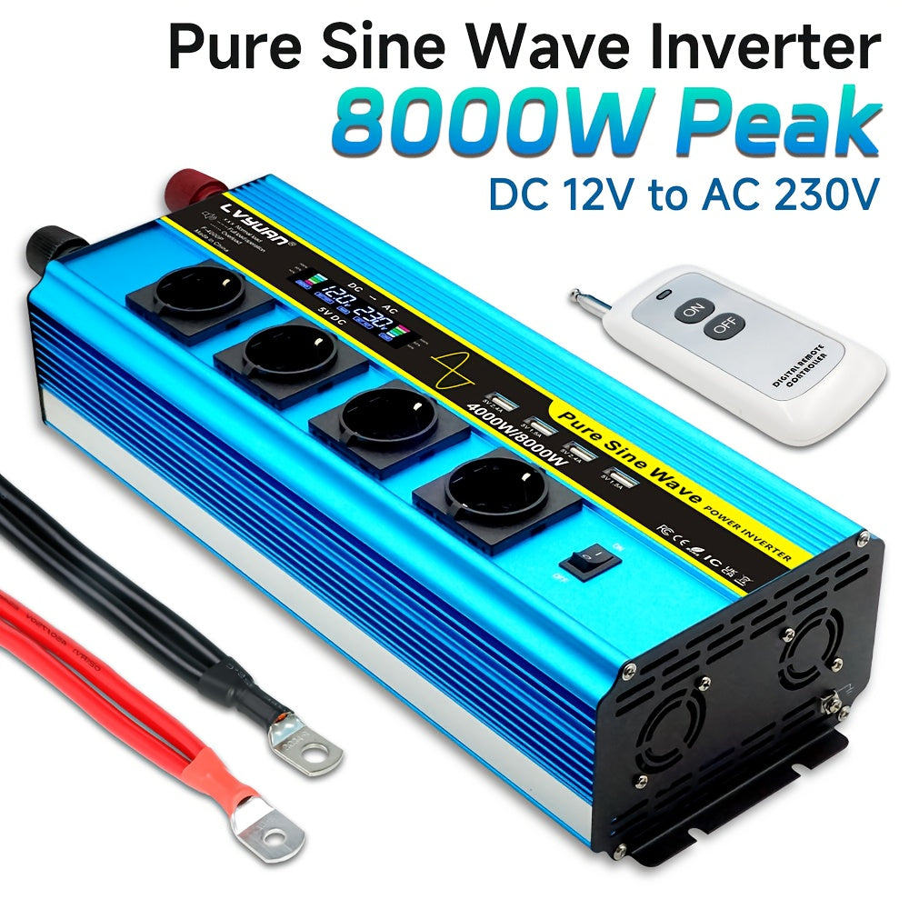 Zuivere Sinus Omvormer – 12V Naar 230V Spanning – Power Inverter – Spanningsomzetter – Stroomomzetter – 4000W Continu / 8000W Piek – LCD Display – Afstandsbediening – 4 AC Stopcontacten – 4 USB Poorten
