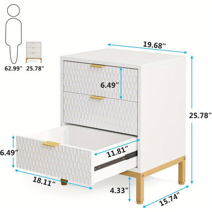 Nachtkastje – Bedside Table – Bijzettafel – Opbergkast – Dressoir – Wit en Goud – 3 Lades – Modern Design – Ruime Opbergruimte – Stevige Constructie