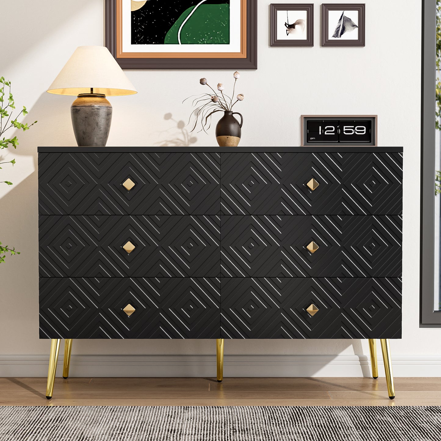 Ladekast – Kommode – Opbergkast – Dressoir – Zwarte Ladekast – 6 Ruime Lades – Gouden Metalen Poten