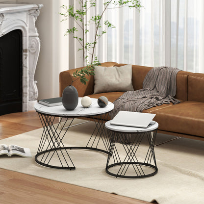 Salontafel – Koffietafel – Bijzettafel – Ronde Tafel – Nestbare Tafel – Marmerlook – Metaal & Spaanplaat – Set van 2 – Ø70 & Ø44,5 cm
