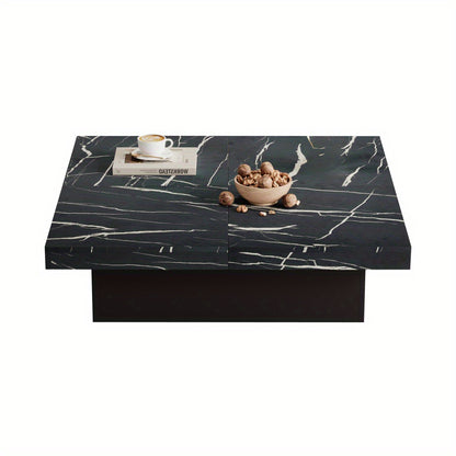 Salontafel – Woonkamertafel – Koffietafel – Bijzettafel – Tafel – Zwart Modern Vierkant – Marmerlook Blad – 90x90x25 cm – Vier Lades & Schuifblad – Max. Belastbaar 30 kg