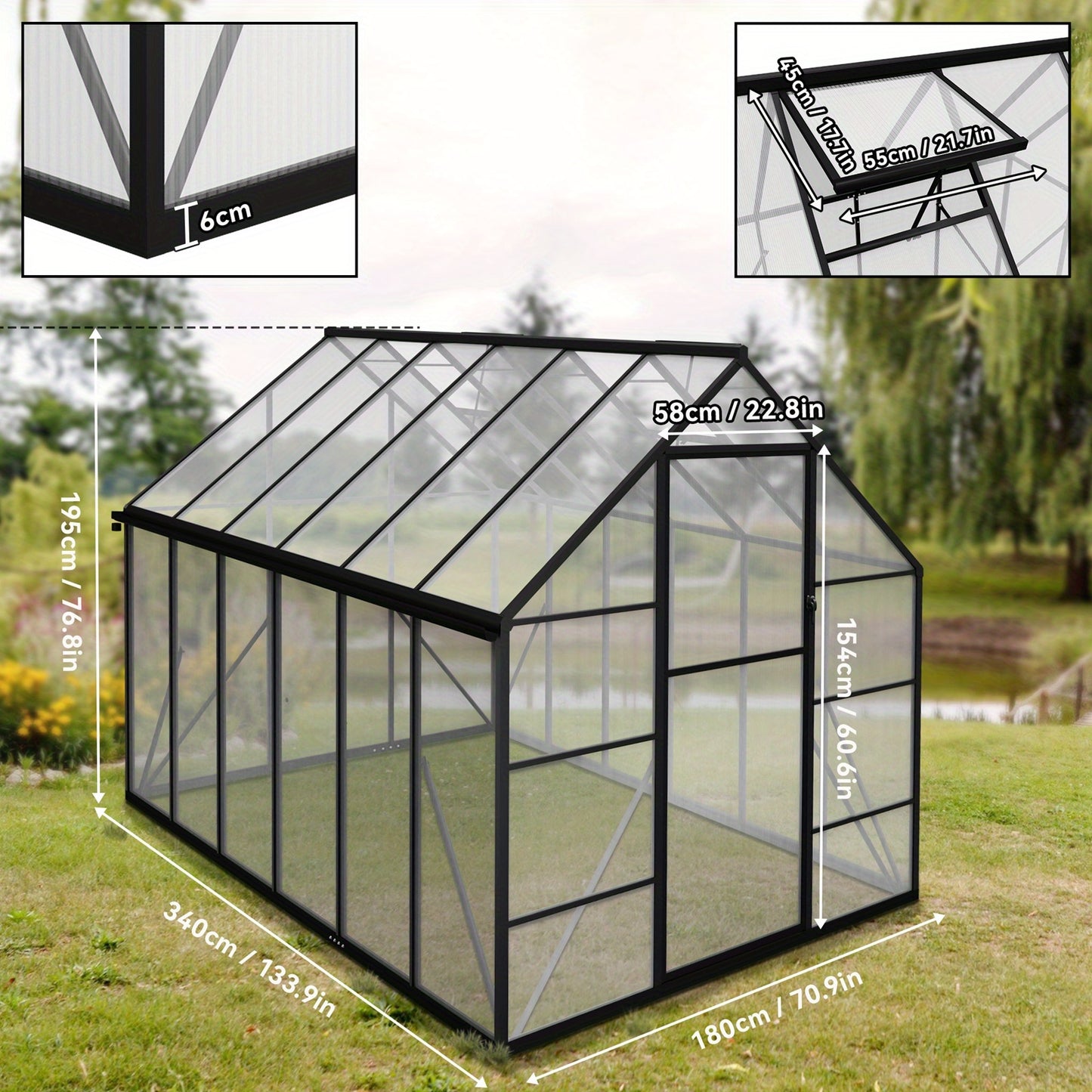 Kas – Serre – Plantenhuis – Tuinkas – Broeikas – Aluminium Frame – Verzinkte Stalen Fundering – Schuifdeur & Dakraam – 340x180x195 cm – 4 mm Polycarbonaat – Weerbestendig & Duurzaam - QUORE