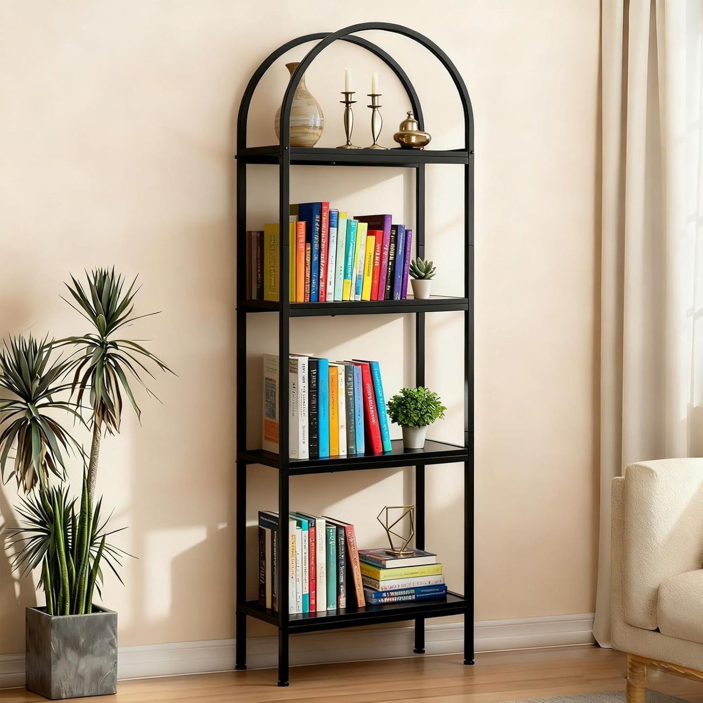 Industriële Open Boekenkast – Boekenrek – Wandrek – Display Kast – Opbergkast – Zwart Metalen Frame – 4 Planken – Vrijstaand – Hoogwaardig Hout