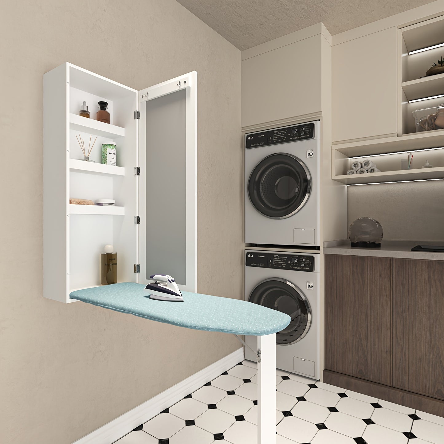 Strijkplank – Strijktafel – Strijkkast – Opklapbaar – Wandmontage – Ruimtebesparend – Hittebestendig Plywood – Inclusief Spiegel en Opbergruimte