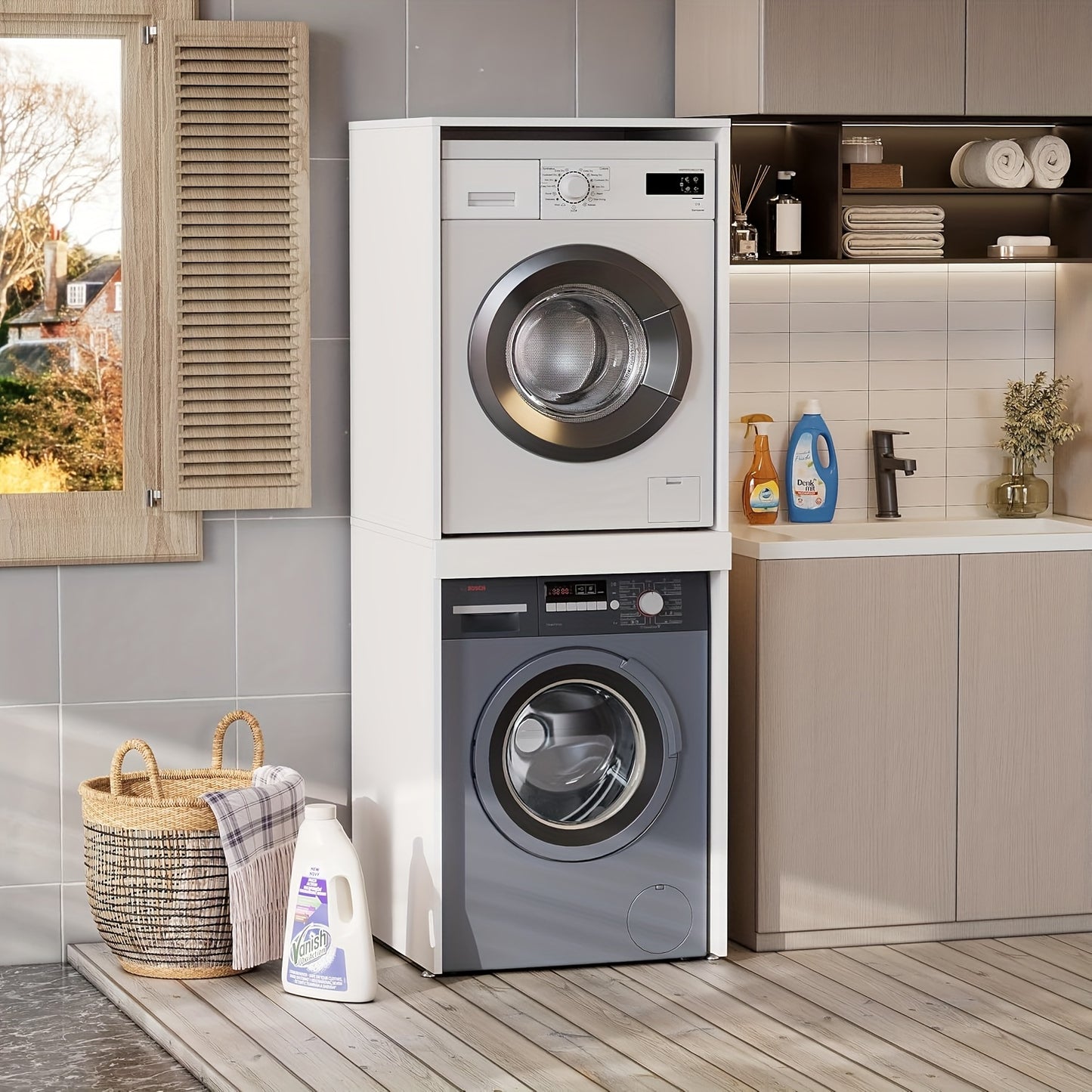 Wasmachinekast – Wasmachine Meubel – Wasmachine Ombouw – Wasmachine Rek – Wasdroger Kast – 180x65x66 cm – Uittrekbaar Werkblad – Max 100 kg Draagvermogen