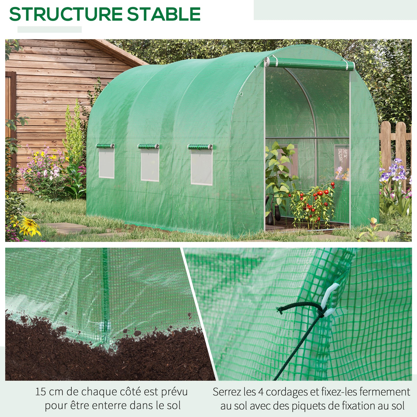 Tuin Kas Tunnel Kas Kweekkas Glazen Tuinkas Groentekas – 6 m² Oppervlakte – Verstevigd Buisframe Met Ritsdeur en 6 Ophoogbare Ventilatieraampjes – Groen