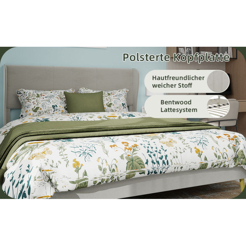 Modern Minimalist Upholstered Bed Frame with Plush Headboard - Queen/King Size (140x200cm), Beige Low-Profile Non-Storage Base, No Box Spring/European Mattress Compatible, Easy Assembly, Durable Non-Wood (Mattress Not Include