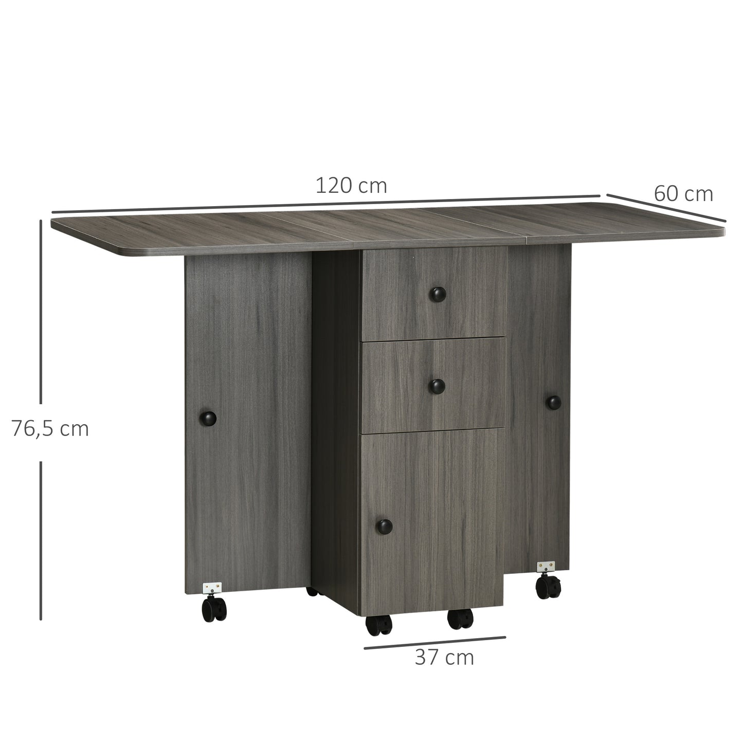 Opvouwbare Keukentafel – Uitschuifbare Eettafel – Inklapbare Tafel – Trolley Tafel – Werktafel – Met 2 Opvouwbare Bladen – Voorzien Van 2 Laden En 1 Kast – Donkergrijs – Compact En Ruimtebesparend – Afmetingen 120x60x76,5 cm